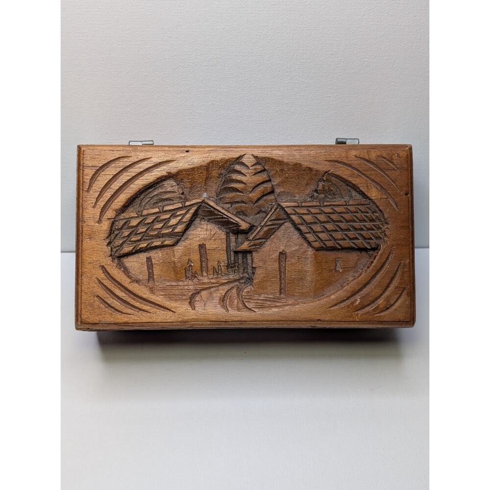 Vintage Hand Carved Wooden Trinket Box Folk Art Cottage Scene Blue Velvet Lined